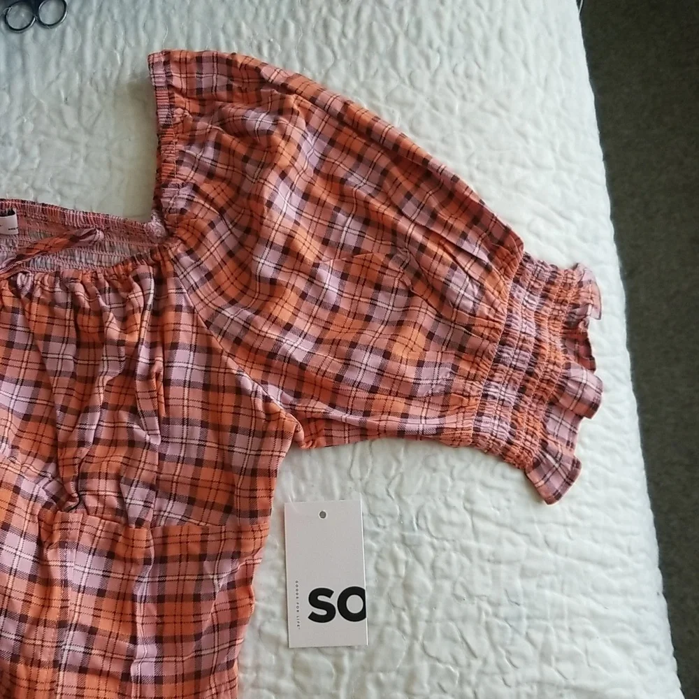 DONATED Plaid Puff Sleeve Top Pink Orange NWT - Picture 5 of 5